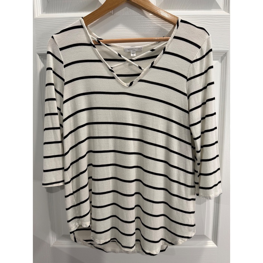 EMORY PARK Womens Striped V Neck Crisscross 3/4 Sleeve Top‎ Size M